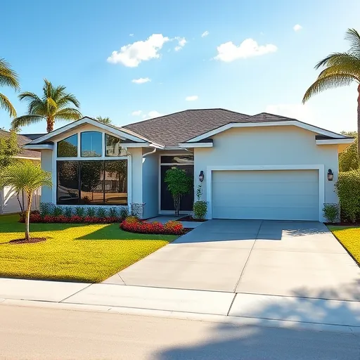 Modern renovated home in Port St. Lucie FL with inviting paint, large windows, tropical plants, and stylish driveway.