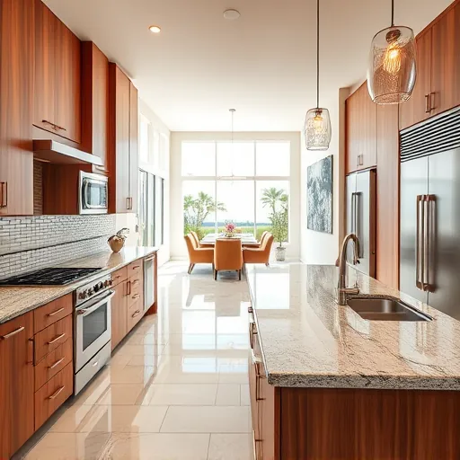 Modern remodeled Florida kitchen with granite countertops, wooden cabinets, stainless appliances, island, and bright open layout