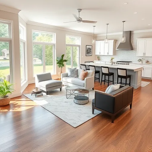 Completed home remodel in Lake Clarke Shores showing a modern living room with hardwood floors and elegant decor.