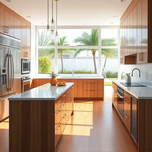 Remodeled West Palm Beach kitchen with stainless steel appliances, marble island, pendant lighting, custom wood cabinets, hardwood floors, and tropical backyard view