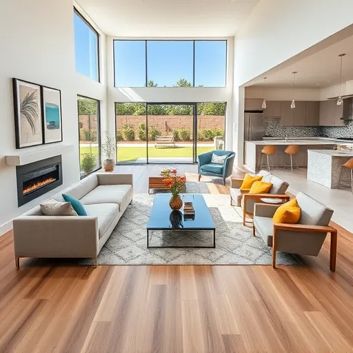 Spacious living room in Wellington FL blends contemporary and cozy with large windows, neutral palette, and modern fireplace.