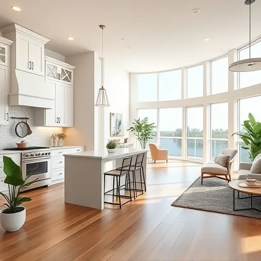 Modern kitchen and living area in Fort Pierce FL with white cabinetry, quartz island, and hardwood flooring. Coastal decor.