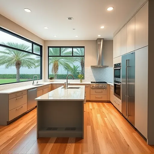Stuart Florida modern kitchen with sleek cabinets, stainless appliances, marble island, hardwood floors, large windows and scenic backyard