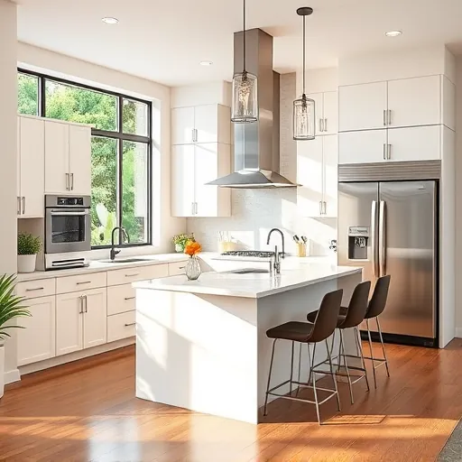 Remodeled North River Shores Florida kitchen with neutral cabinetry quartz countertops stainless steel appliances island hardwood floors and natural light