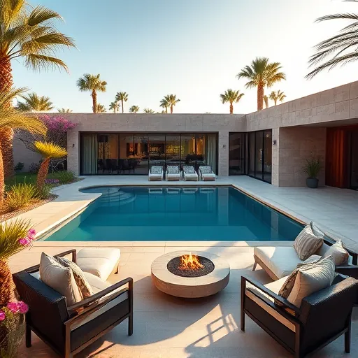 A luxurious outdoor living space in Palm Springs features a sleek pool, vibrant gardens, and modern patio furniture.