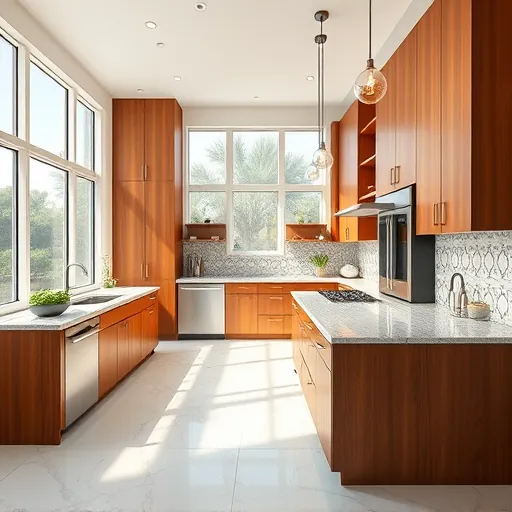 Remodeled Port St. Lucie kitchen with modern wood cabinets granite countertops stainless steel appliances island pendant lighting stylish backsplash and bright natural light