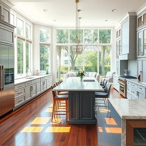 Modern kitchen remodel in White City FL with marble countertops, custom cabinetry, and natural light from large windows.