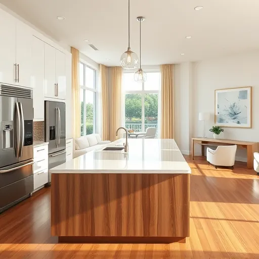 Beautiful remodeled modern kitchen in Treasure Coast FL with white cabinets stainless steel appliances quartz countertops dark wood island large windows hardwood floors and open-concept design