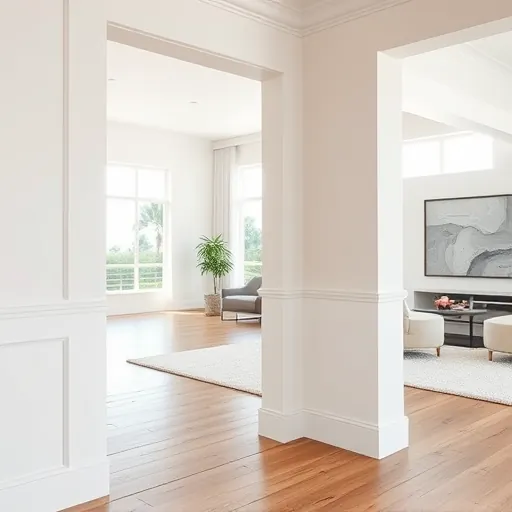 Beautiful smooth painted baseboards and crown molding in a modern living room highlight expert carpentry and attention to detail