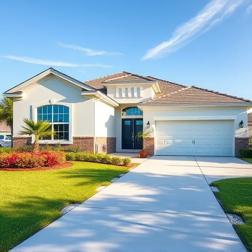 Restored Port St. Lucie home with pastel exterior, lush gardens, spotless driveway, modern architecture, and detailed landscaping