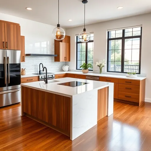 Remodeled Wellington FL kitchen with quartz countertops matte black fixtures custom wood cabinetry island pendant lighting sunlight hardwood floor