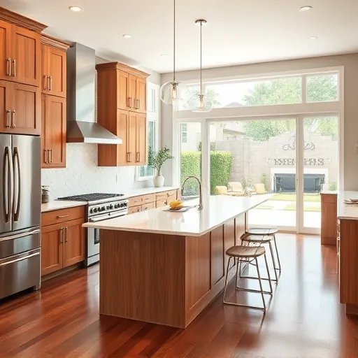 Remodeled Stuart Florida kitchen with warm wood cabinets stainless steel appliances quartz island lush backyard view