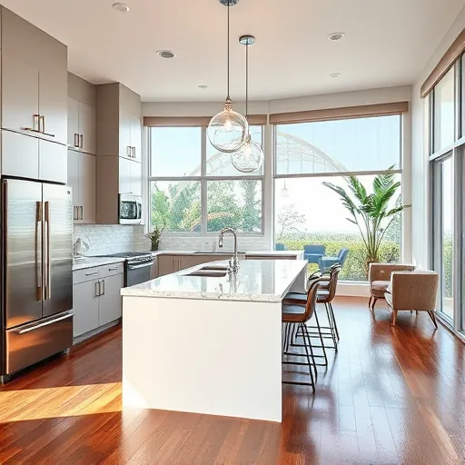 Recently remodeled kitchen in West Palm Beach features modern cabinetry, stainless steel appliances, and marble island.