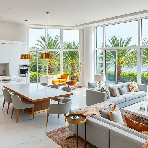 Modern open-concept living area in West Palm Beach with sleek kitchen, dining space, and tropical views.