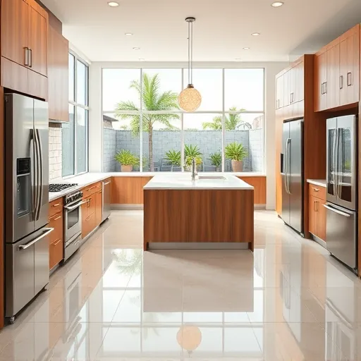 Remodeled kitchen in North River Shores FL with stainless steel appliances, quartz countertops, and warm wood cabinetry.