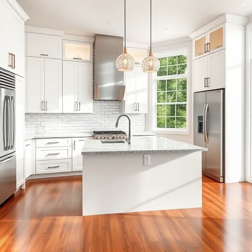 Renovated Floresta Florida kitchen with white modern cabinets stainless steel appliances granite island pendant lighting hardwood floors lush greenery view