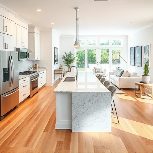 Modern Vero Beach kitchen with granite countertops, stainless appliances, white cabinets, and open floor plan.