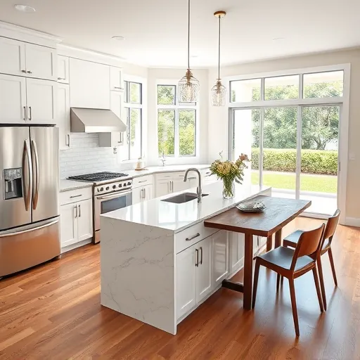 Modern renovated kitchen in Greenacres Florida with white cabinets stainless steel appliances marble countertops hardwood flooring and outdoor garden view