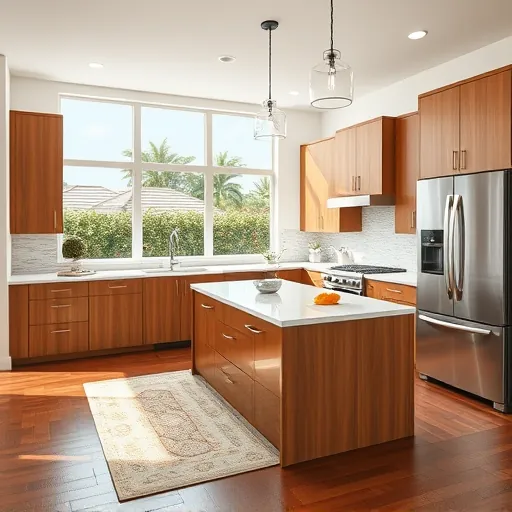 Completed modern kitchen in Lakewood Park FL with sleek wood cabinets stainless steel appliances quartz countertops and large windows