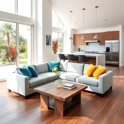 Modern living room in North Palm Beach features gray sectional sofa, vibrant pillows, natural light, and elegant decor.