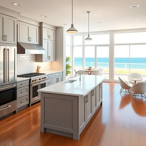 Renovated Ocean Ridge kitchen featuring quartz countertops, shaker cabinetry, and ocean views, bright and inviting.