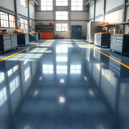 Glossy dark gray and deep blue epoxy flooring reflecting natural light in a modern commercial industrial workspace