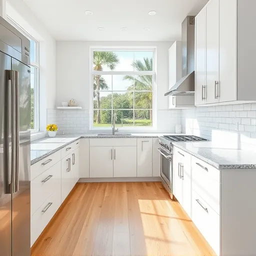 Remodeled Tequesta Florida kitchen with white cabinets granite countertops stainless appliances natural light wood floors and greenery