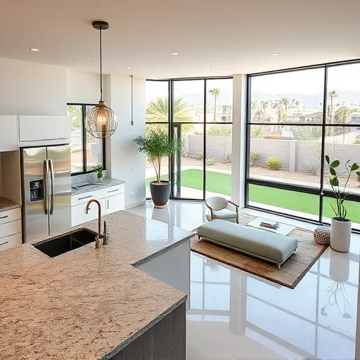 Modern Palm Springs home remodel featuring a sleek kitchen and living area, bright natural light, and elegant decor.