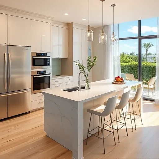 Modern kitchen remodel in North Palm Beach features sleek cabinetry, elegant quartz counters, and inviting decor.