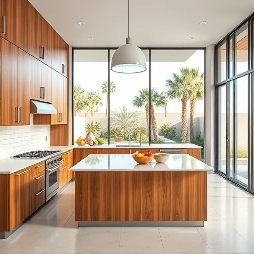 Modern Palm Springs kitchen with wood cabinets stainless steel accents quartz countertops tiled backsplash island with pendant lights lush backyard views neutral flooring