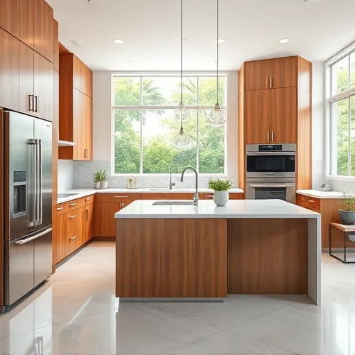 Stunning renovated kitchen in Stuart FL with modern wood cabinetry quartz countertops stainless steel appliances and large windows