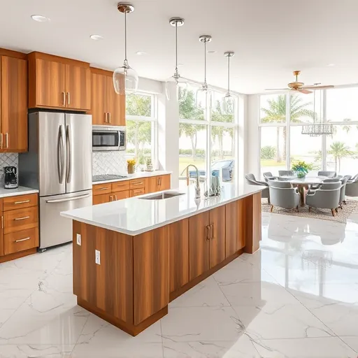 Luxurious renovated Palm Beach Gardens kitchen with quartz countertops stainless steel appliances wooden cabinets marble flooring and tropical views