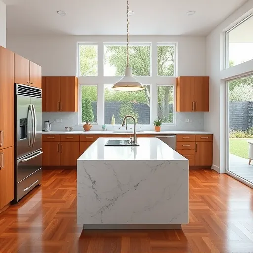Bright remodeled Rio Florida kitchen with stainless steel appliances marble countertops warm wood cabinets natural light hardwood floors and garden view