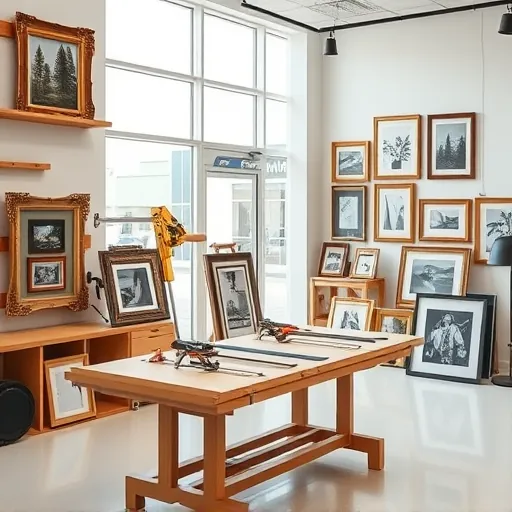 Custom framing workshop in Port St. Lucie FL with organized tool setup, finished artworks, and bright storefront window