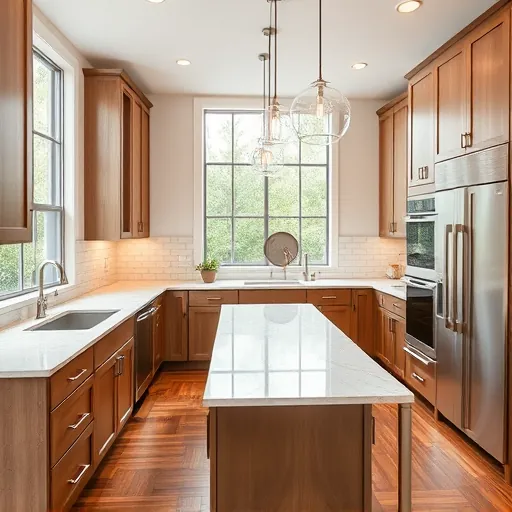 Remodeled Sebastian Florida kitchen with granite countertops stainless steel appliances subway tile backsplash wooden cabinets marble island bright natural light hardwood floors