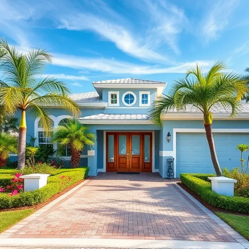 Completed home remodeling in Fort Pierce FL with coastal blue and white facade, lush landscaping, and inviting front door.