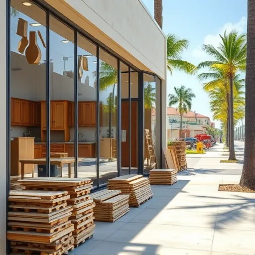 Well-maintained carpentry workshop in Port St. Lucie Florida with glass storefront displaying custom woodwork and organized tools