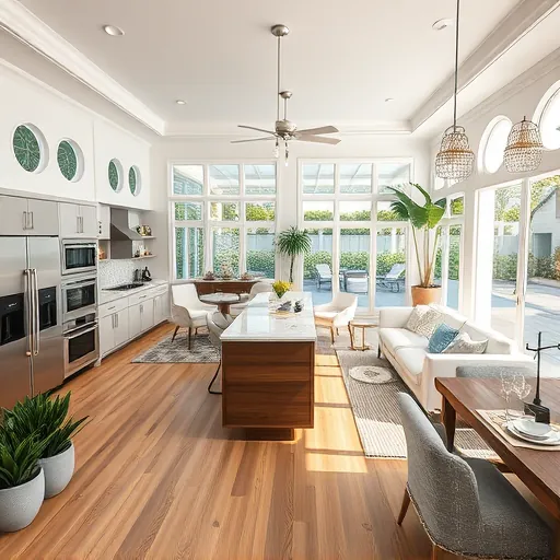Home remodeling in Tequesta FL features modern design, open living space, stylish furniture, and vibrant outdoor patio.