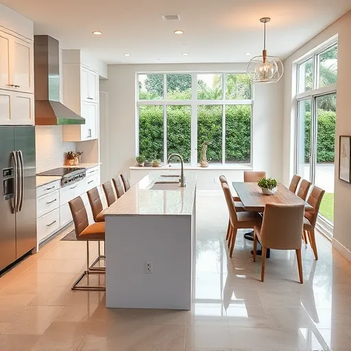 Home remodeling in Wellington, FL featuring a modern kitchen, custom cabinetry, quartz countertops, and dining area.