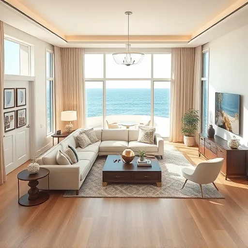 Beautifully remodeled living room in Juno Beach, showcasing coastal design, large windows, and ocean views.