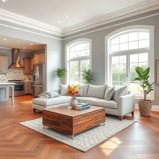 Completed home remodel in Boynton Beach featuring elegant living room with wooden floors, light gray walls, and modern decor.