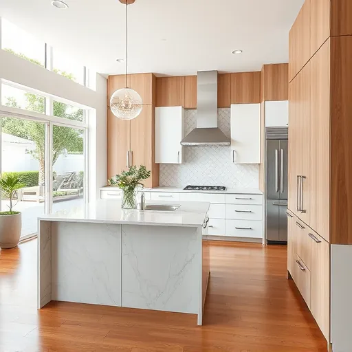 Remodeled Juno Beach kitchen with white and wood cabinetry, quartz countertops, stainless steel appliances, subway tile backsplash, and large windows.