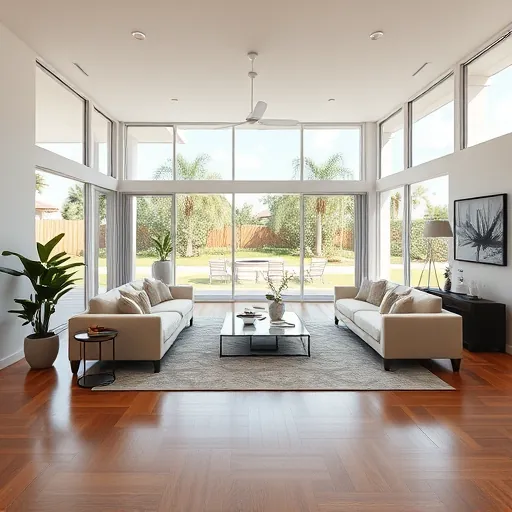 Spacious modern living room in Port St. Lucie Florida with large windows, sleek finishes, hardwood floors, and landscaped backyard