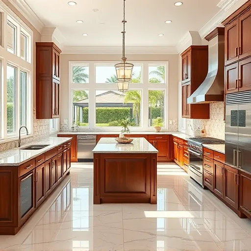 Remodeled Florida kitchen with granite countertops stainless steel appliances hardwood cabinets marble floors large windows lush landscaping