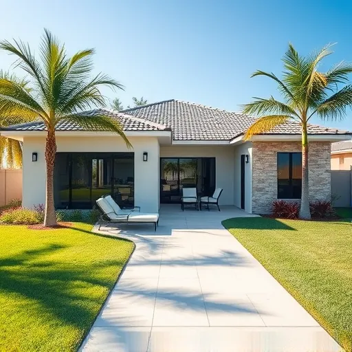 Port St. Lucie FL home addition with modern stucco, stone accents, large energy-efficient windows and tropical landscaping