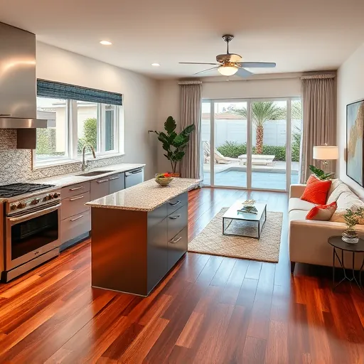 Modern kitchen and open living space in North River Shores FL featuring granite countertops and custom cabinetry.