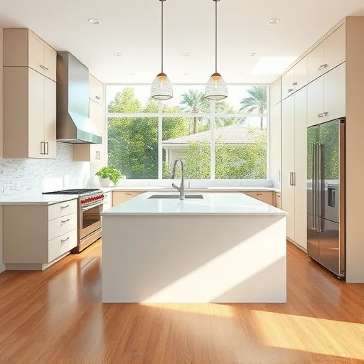 Modern Lake Park kitchen with neutral cabinetry, quartz island, stylish backsplash, stainless steel appliances, hardwood flooring, and bright natural light