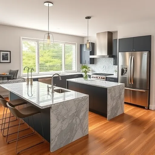 Newly renovated kitchen in Royal Palm Beach with granite countertops, modern appliances, and elegant island lighting.