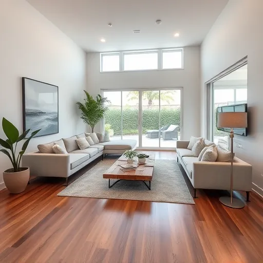 Modern living room in Sebastian FL features hardwood floors, white walls, large windows, and sliding doors to patio.
