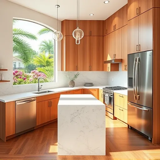 Renovated Rio FL kitchen with warm wood cabinets stainless steel appliances quartz countertops lush outdoor view hardwood flooring and modern lighting